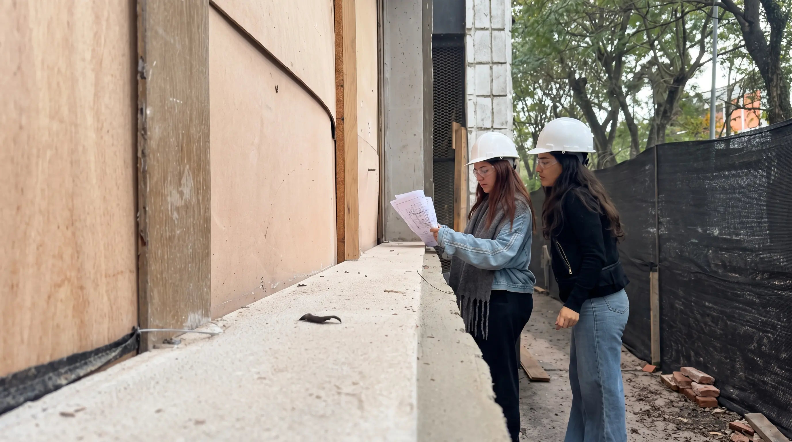 Equipo de Urbina relevando el espacio de una obra con los planos en mano